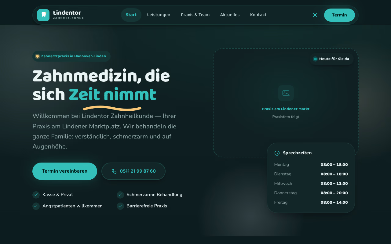 Demo-Website Lindentor Zahnheilkunde, Desktopansicht